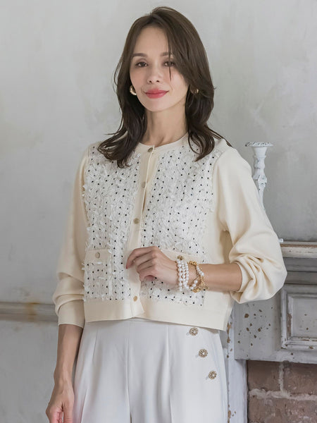 リボンドットツイードカーディガン