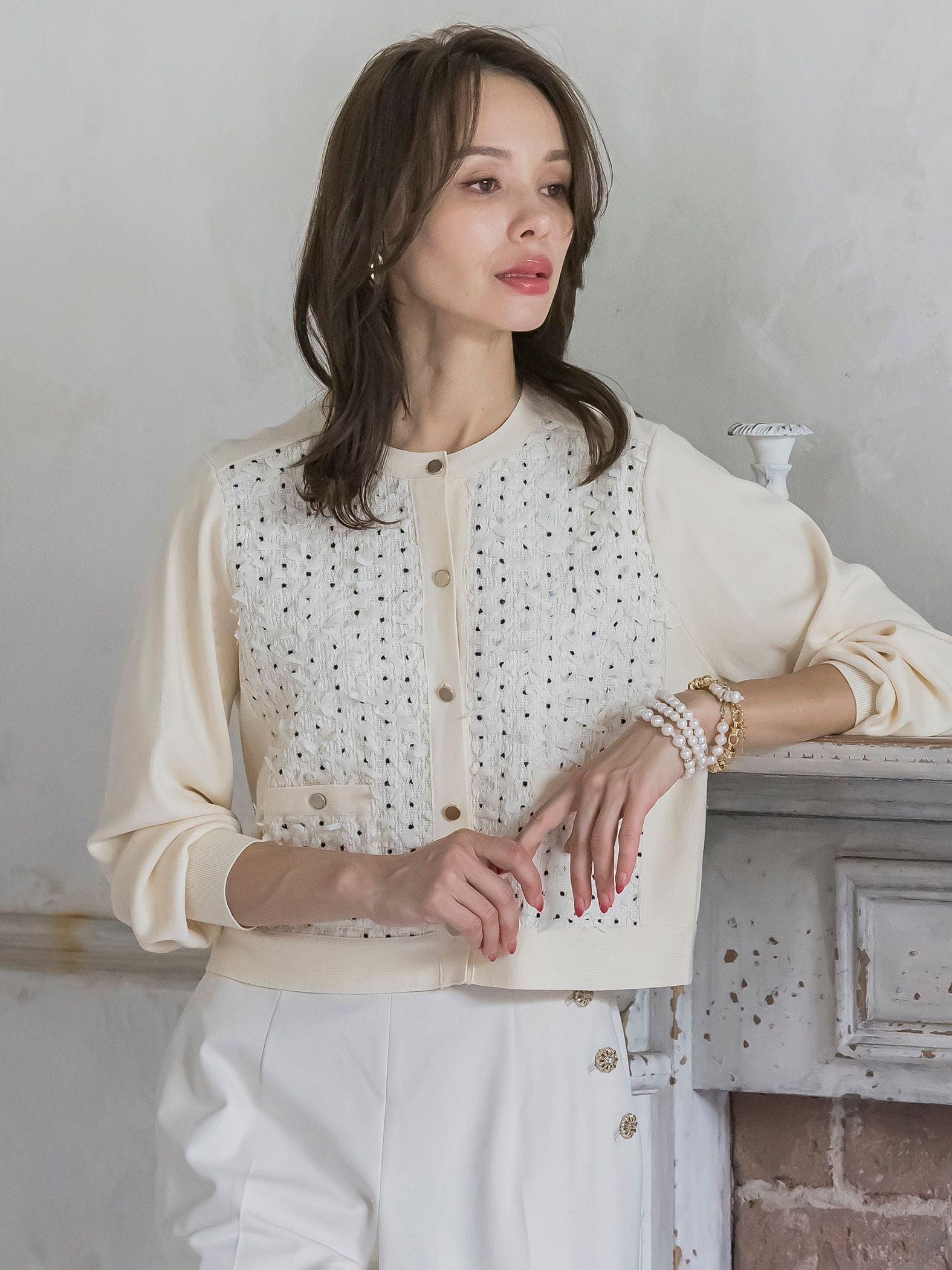 リボンドットツイードカーディガン