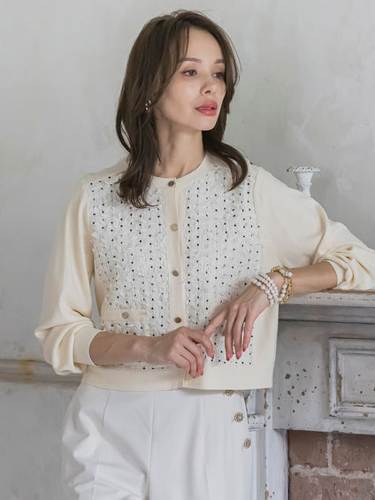 リボンドットツイードカーディガン