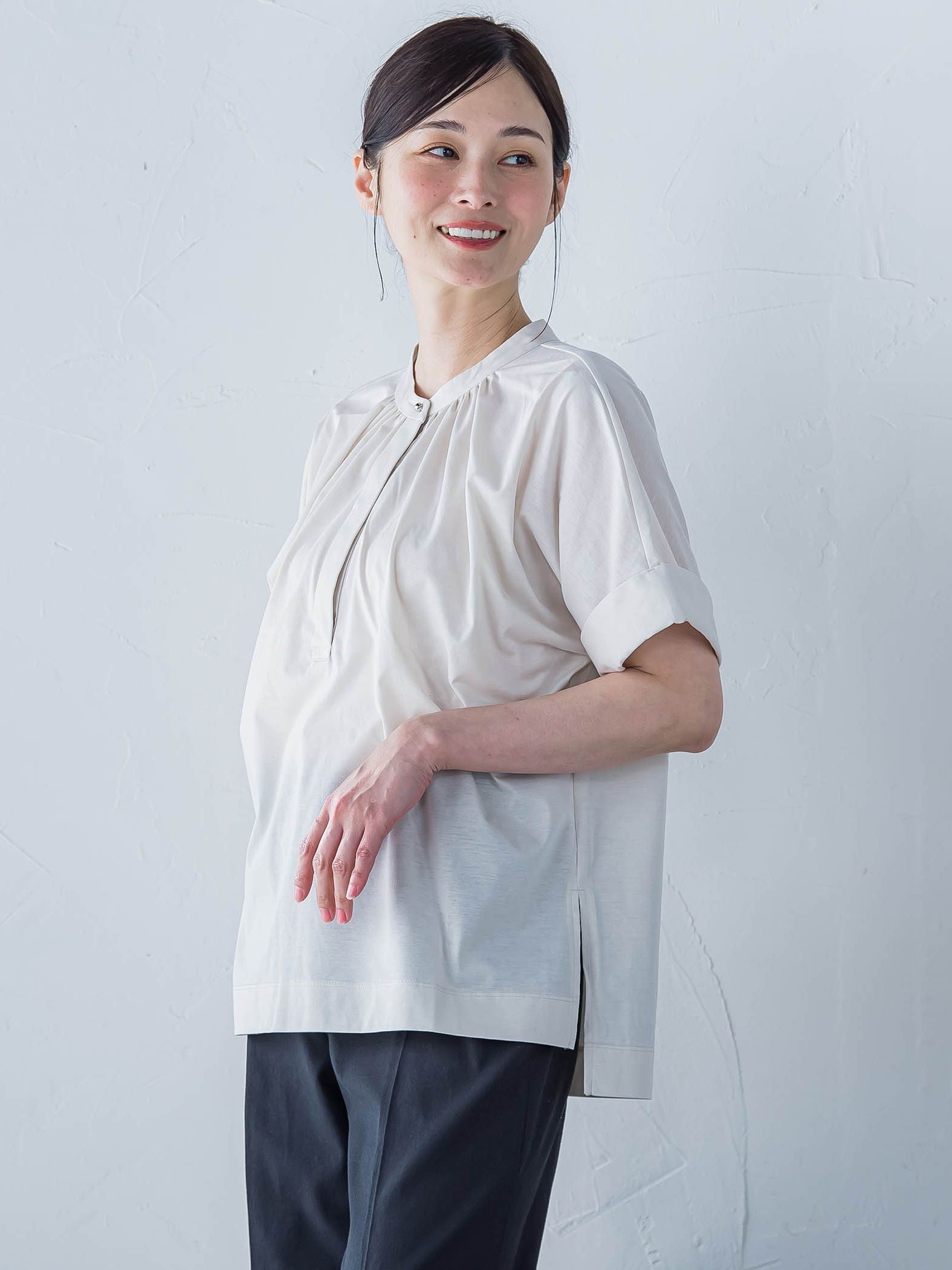 【WEB限定】接触冷感ライクアウーヴンバンドカラーブラウス≪洗濯機で洗える≫