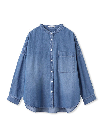 バンドカラーデニムシャツ≪洗濯機で洗える≫