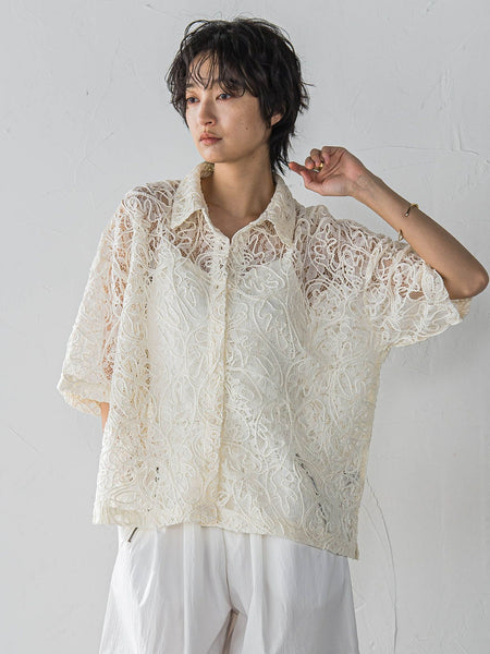 【WEB限定】コード刺繍レースワイドシャツ≪手洗い可能≫