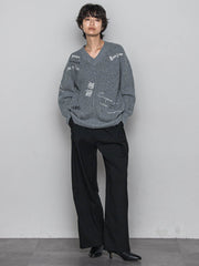 メッセージ刺繍Vネックニットプルオーバー≪手洗い可能≫