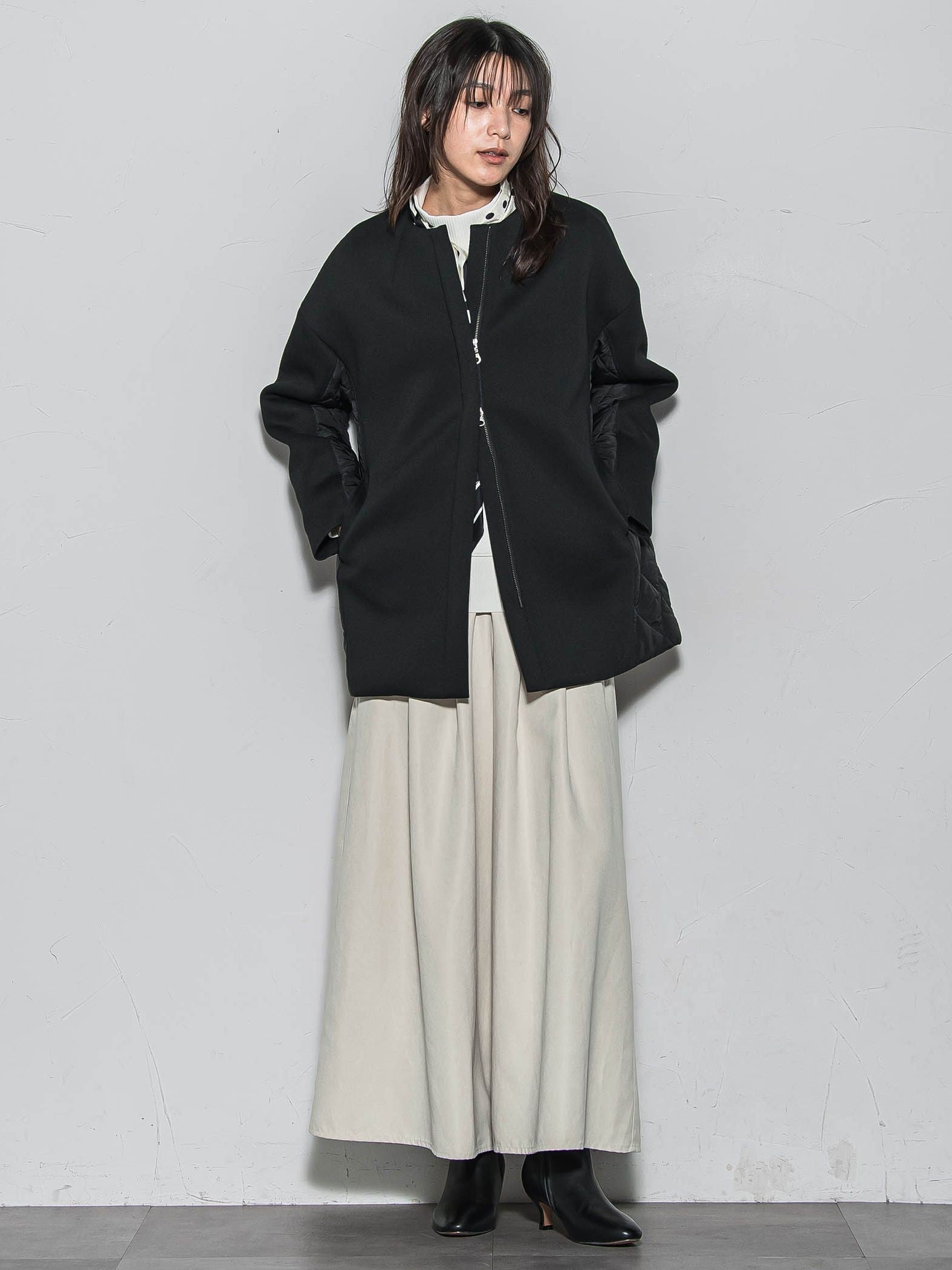 モスダンボール×中綿キルティングノーカラーコート≪手洗い可能≫