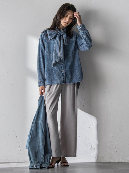 ボウタイ付きデニムシャツ≪洗濯機で洗える≫