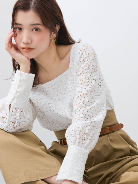【SHIORI IRIE コラボ】スクエアネックレースブラウス≪手洗い可能≫