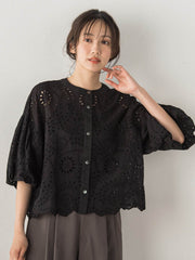 カットワーク刺繍バンドカラーブラウス