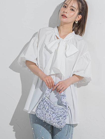 新色追加【バルーン袖がポイント】ボウタイブラウス≪洗濯機で洗える≫
