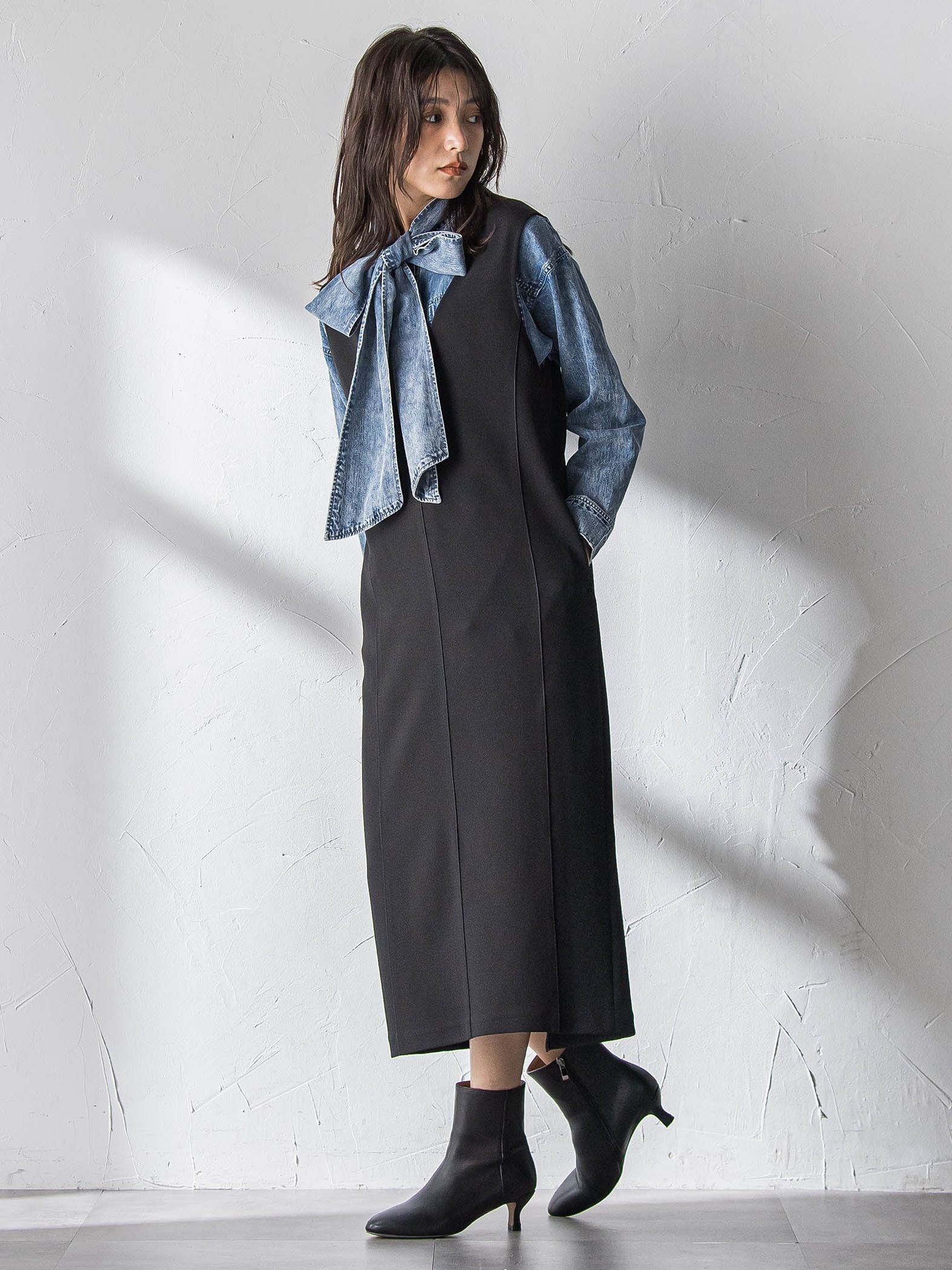 ボウタイ付きデニムシャツ≪洗濯機で洗える≫