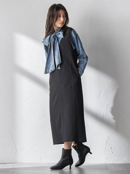 ボウタイ付きデニムシャツ≪洗濯機で洗える≫