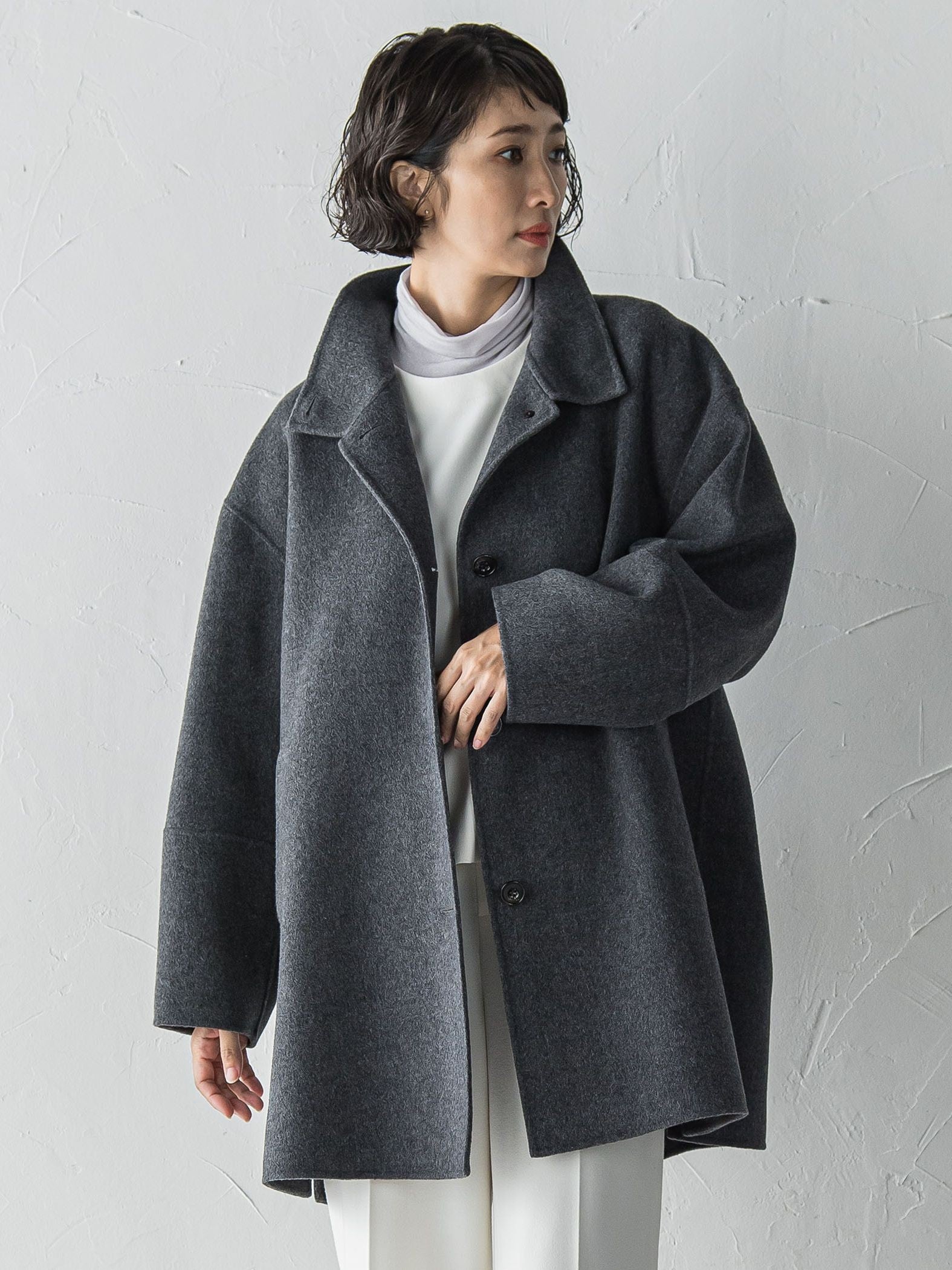 スタンドカラーウールリバーコート
