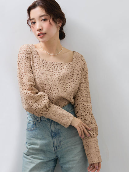 【SHIORI IRIE コラボ】スクエアネックレースブラウス≪手洗い可能≫
