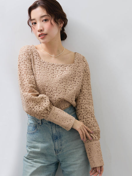 【SHIORI IRIE コラボ】スクエアネックレースブラウス≪手洗い可能≫