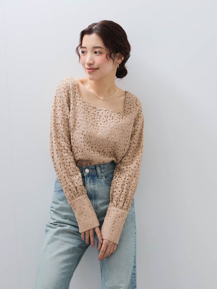 【SHIORI IRIE コラボ】スクエアネックレースブラウス≪手洗い可能≫