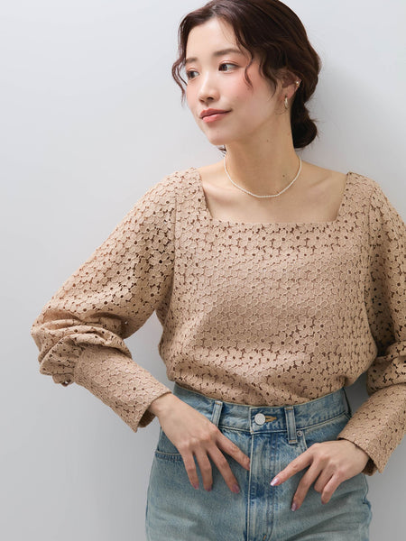 【SHIORI IRIE コラボ】スクエアネックレースブラウス≪手洗い可能≫
