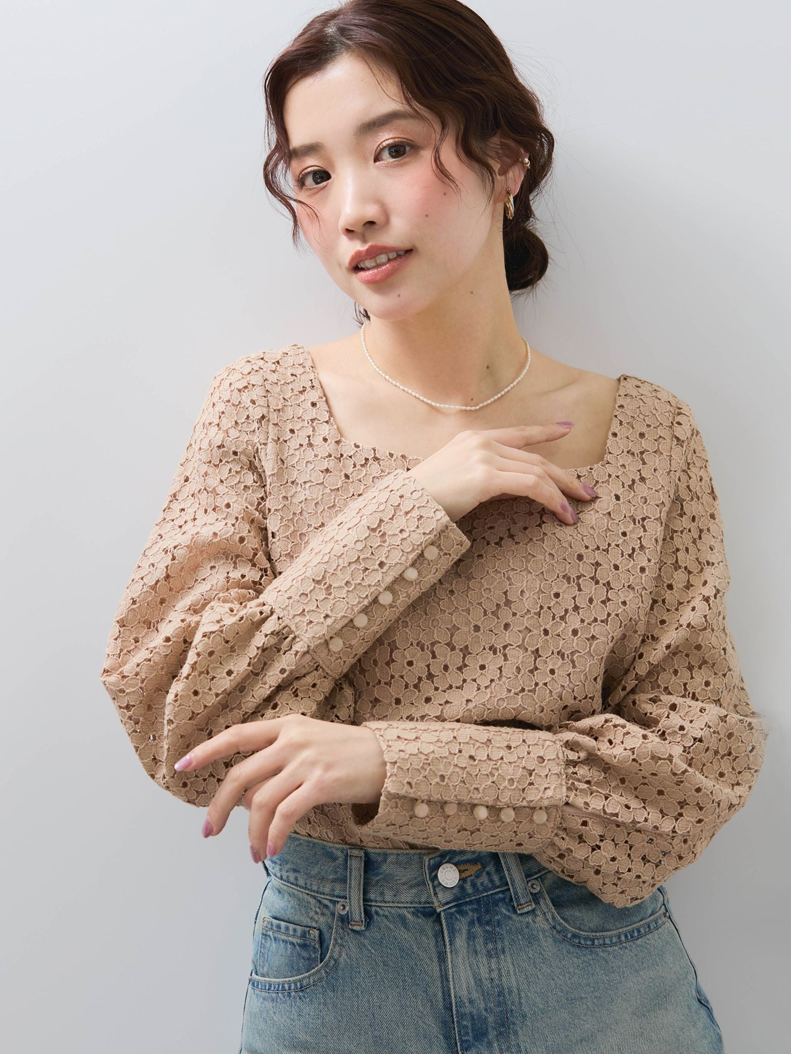 【SHIORI IRIE コラボ】スクエアネックレースブラウス≪手洗い可能≫
