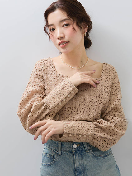 【SHIORI IRIE コラボ】スクエアネックレースブラウス≪手洗い可能≫
