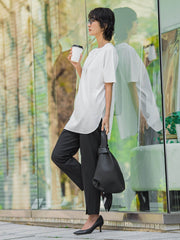 【WEB限定/大きいサイズ】“美脚デニム見え”裾スリットテーパードパンツ