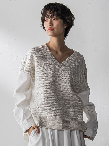 デニムドッキングVネックニットプルオーバー≪洗濯機で洗える≫