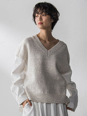 デニムドッキングVネックニットプルオーバー≪洗濯機で洗える≫