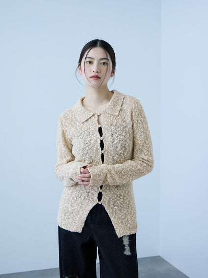 《陰影で魅せる》ツイード風MIXスラブポロカーデ