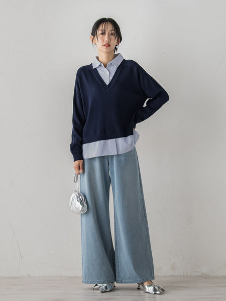 【WEB限定】Vネックブラウス切替えプルオーバー≪手洗い可能≫