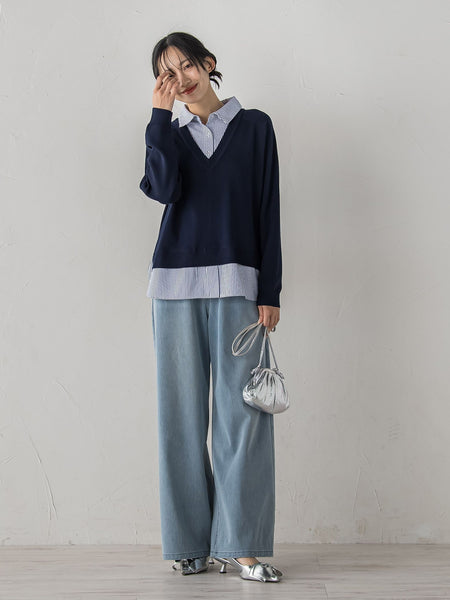 【WEB限定】Vネックブラウス切替えプルオーバー≪手洗い可能≫