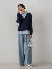 【WEB限定】Vネックブラウス切替えプルオーバー≪手洗い可能≫