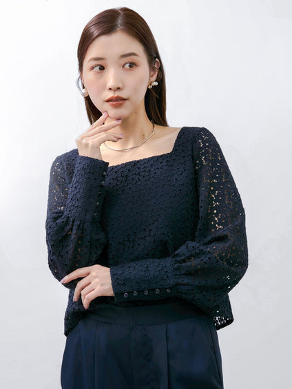 【SHIORI IRIE コラボ】スクエアネックレースブラウス≪手洗い可能≫