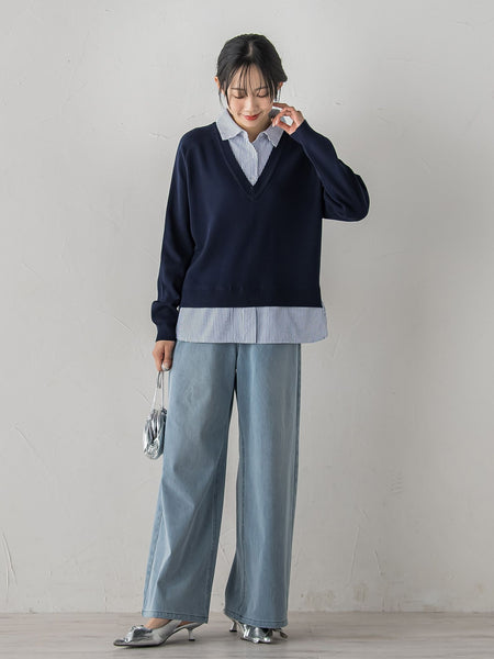 【WEB限定】Vネックブラウス切替えプルオーバー≪手洗い可能≫