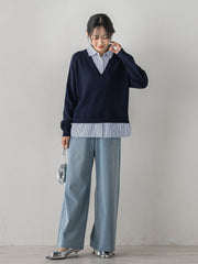 【WEB限定】Vネックブラウス切替えプルオーバー≪手洗い可能≫