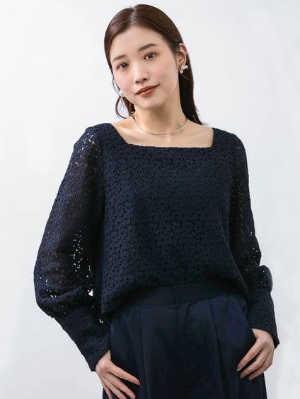【SHIORI IRIE コラボ】スクエアネックレースブラウス≪手洗い可能≫