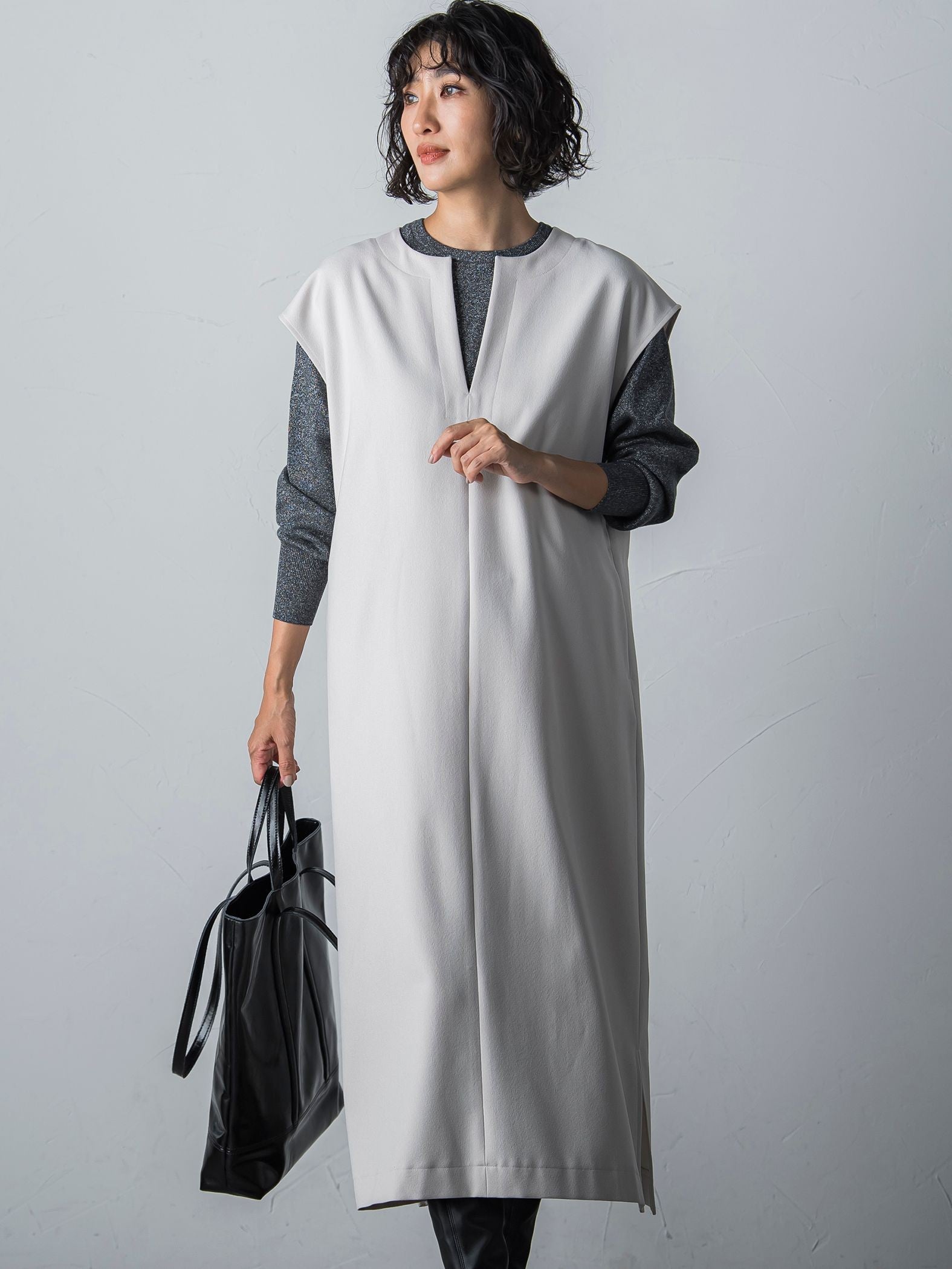 【WEB限定】【3サイズ展開】キーネックワンピース≪イージーケア/毛玉になりにくい≫