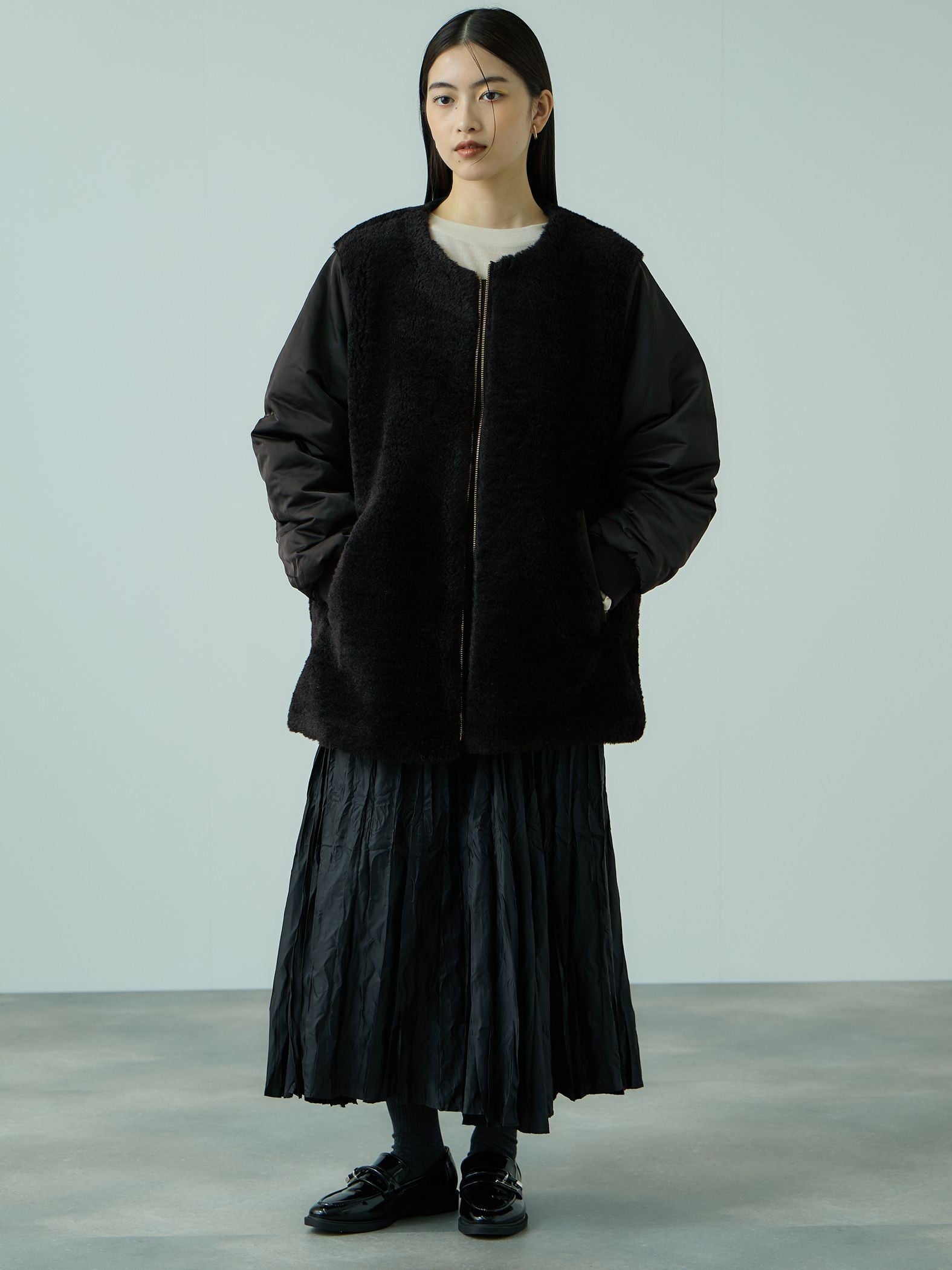 ボア切替ノーカラーミドルコート