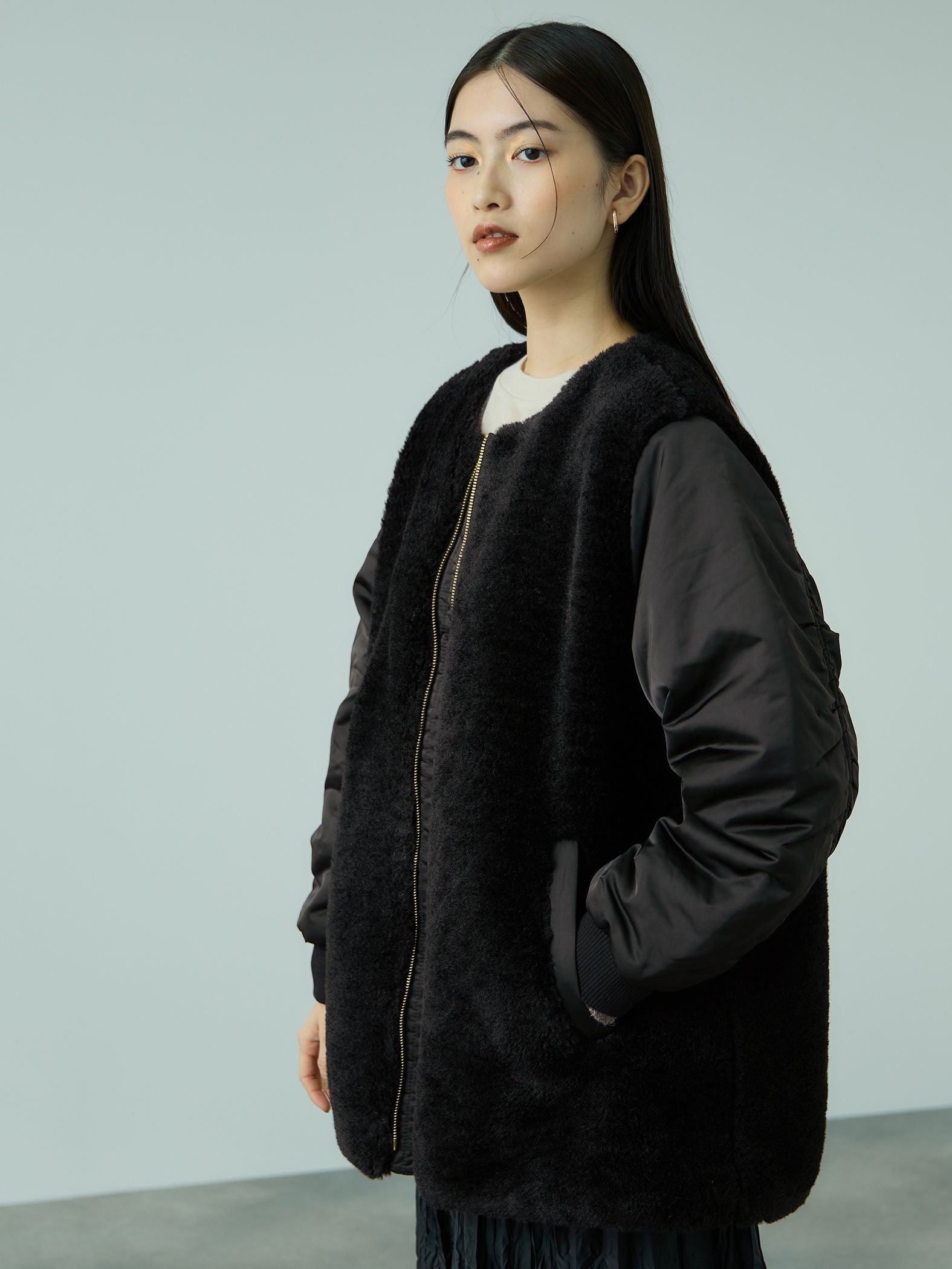 ボア切替ノーカラーミドルコート