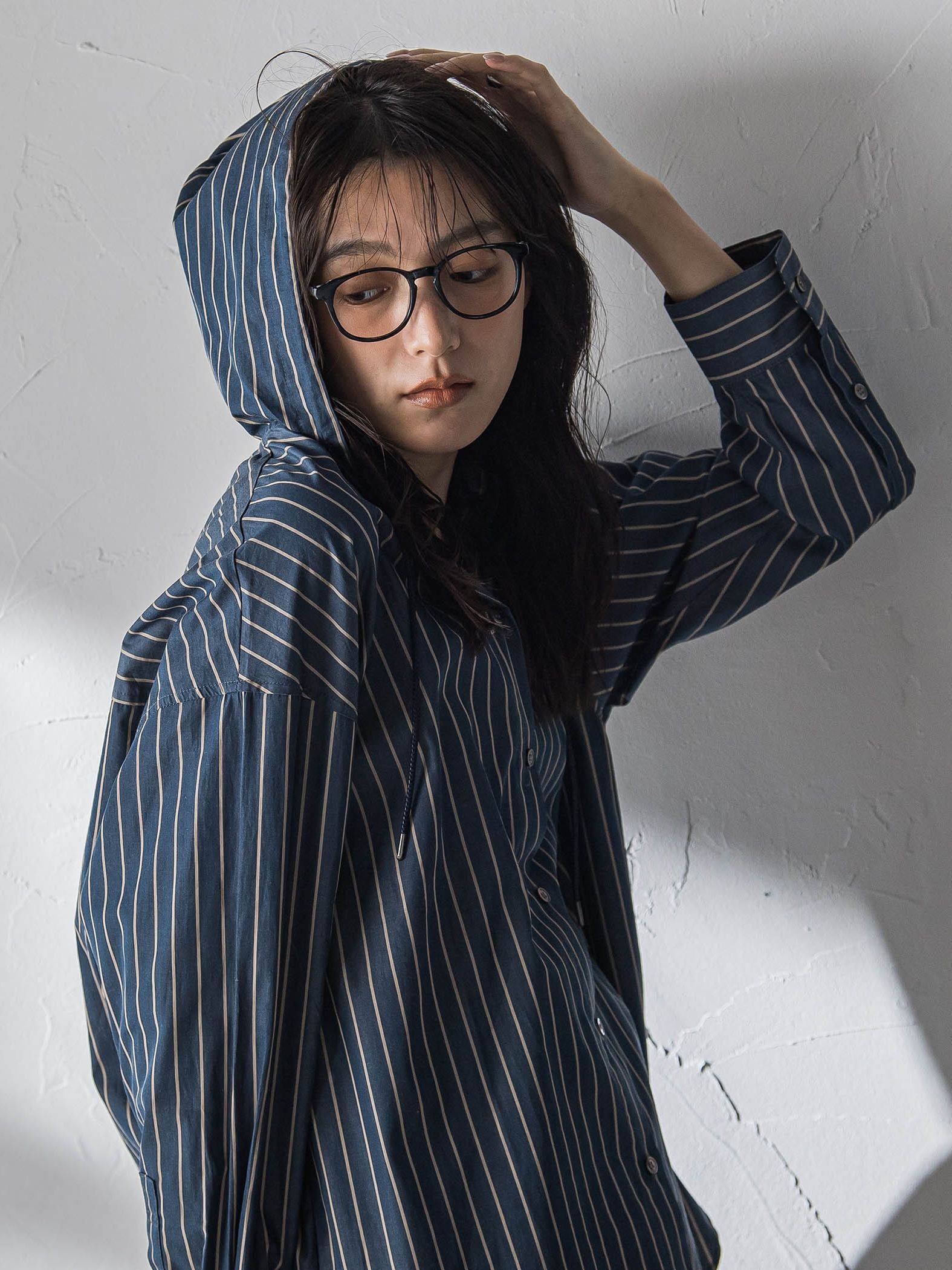 ストライプフーディオーバーシャツ≪手洗い可能≫