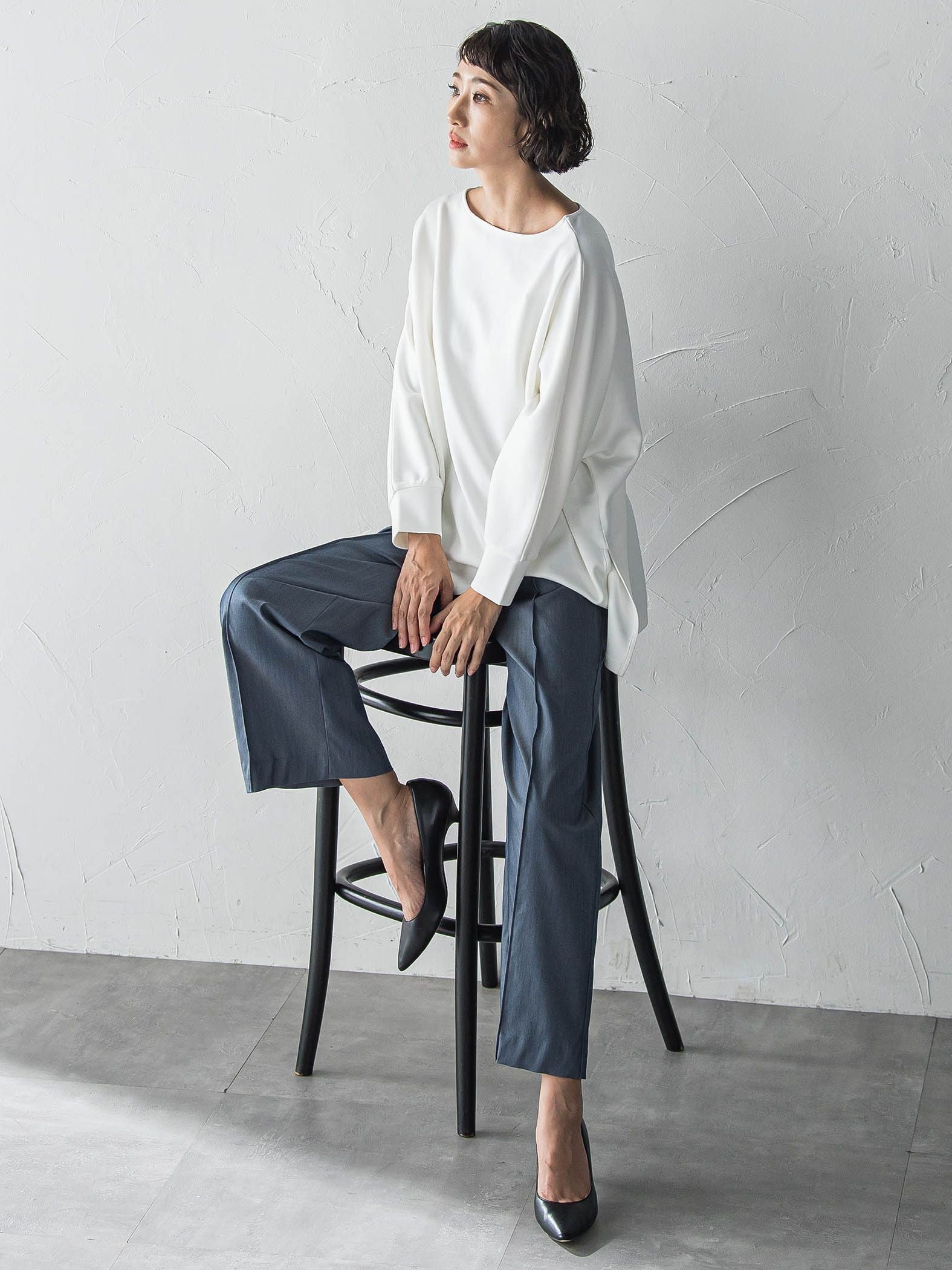 【WEB限定】デニム見えシャンブレーワイドパンツ≪洗濯機で洗える≫