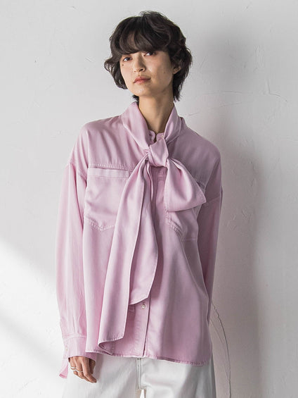 ボウタイ付きデニムシャツ≪洗濯機で洗える≫