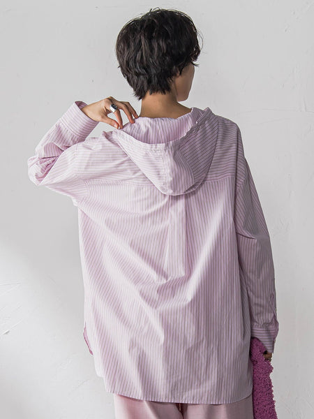 ストライプフーディオーバーシャツ≪手洗い可能≫