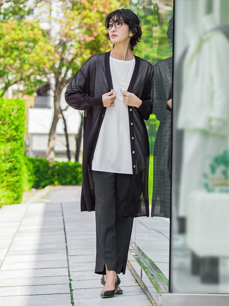 【WEB限定/大きいサイズ】“美脚デニム見え”裾スリットテーパードパンツ