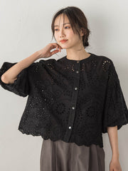 カットワーク刺繍バンドカラーブラウス