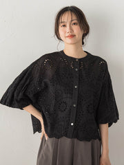 カットワーク刺繍バンドカラーブラウス