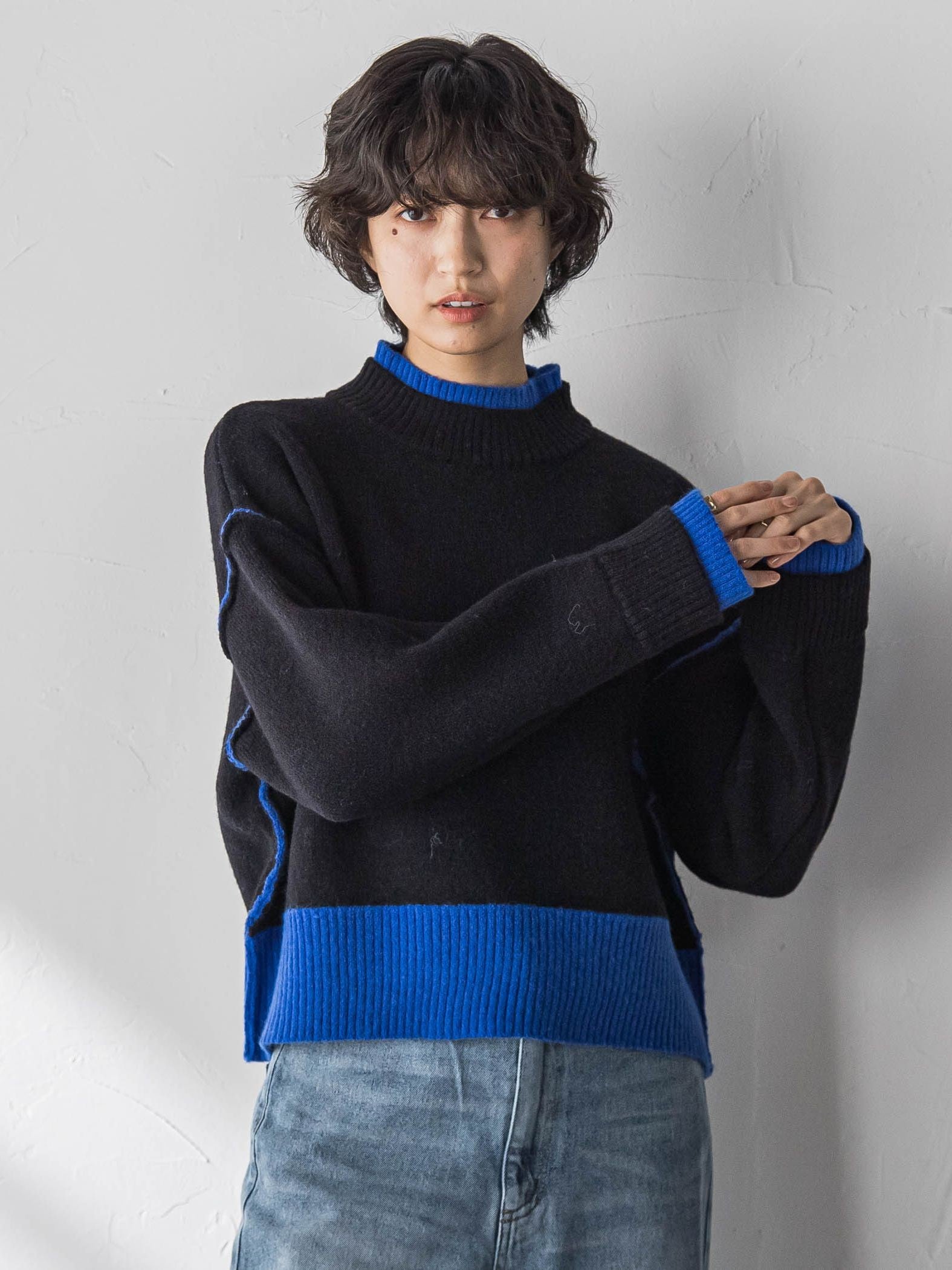 【WEB限定】ハイネック配色ニット≪手洗い可能≫