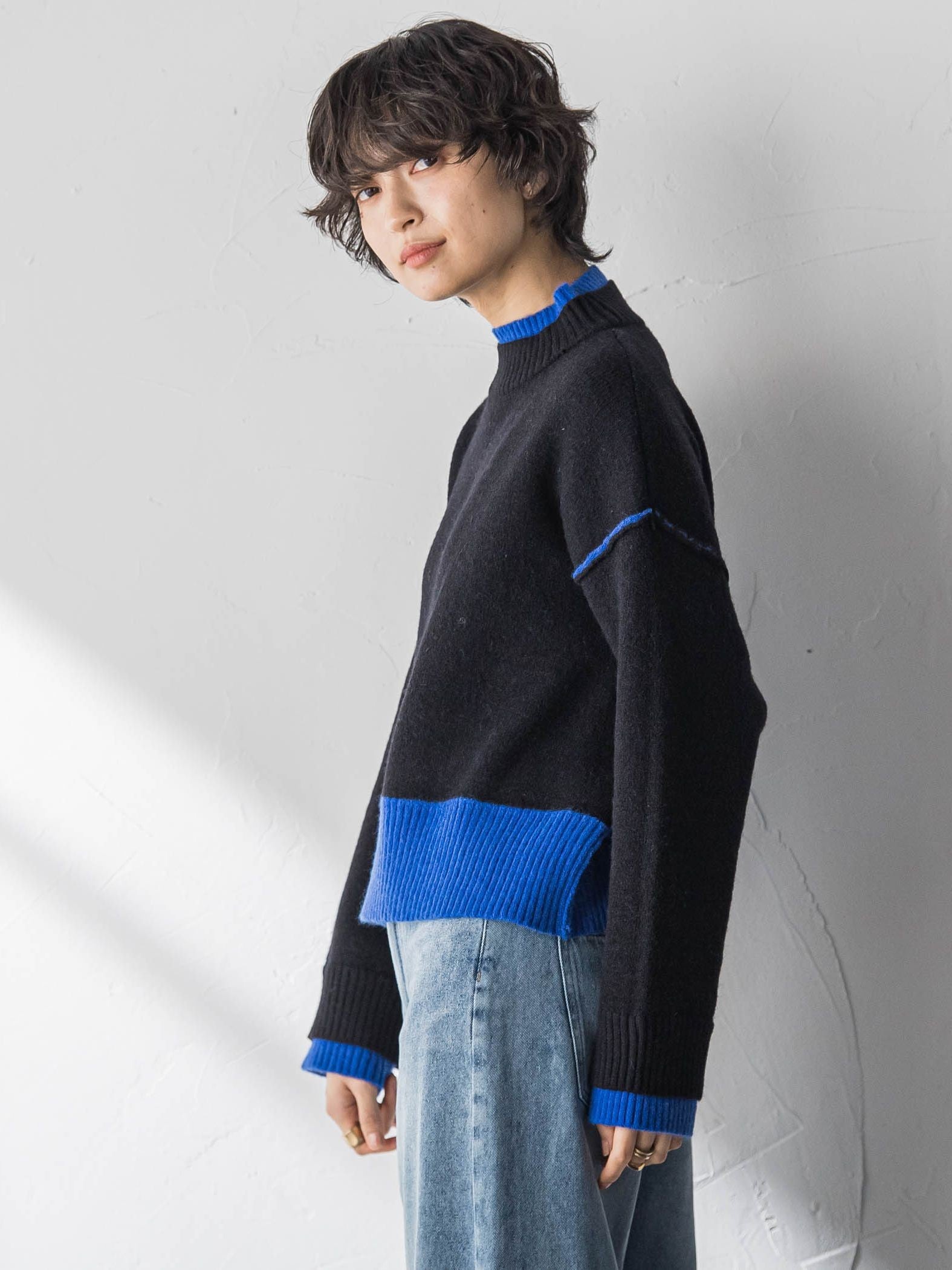 【WEB限定】ハイネック配色ニット≪手洗い可能≫