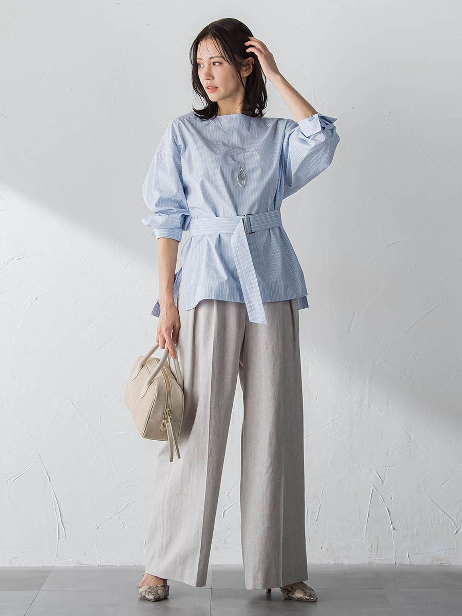 ボートネックコットンポプリンストライプブラウス