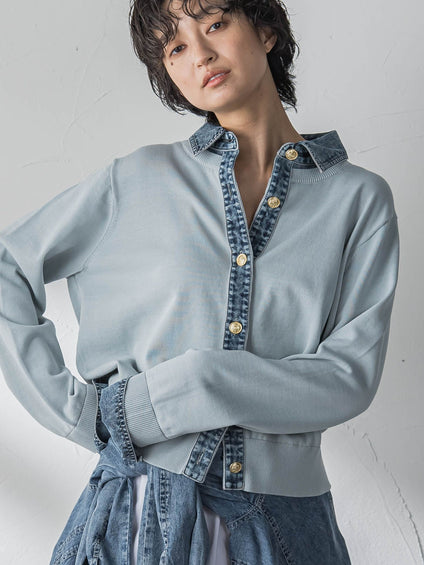 デニムレイヤード風ニットカーディガン