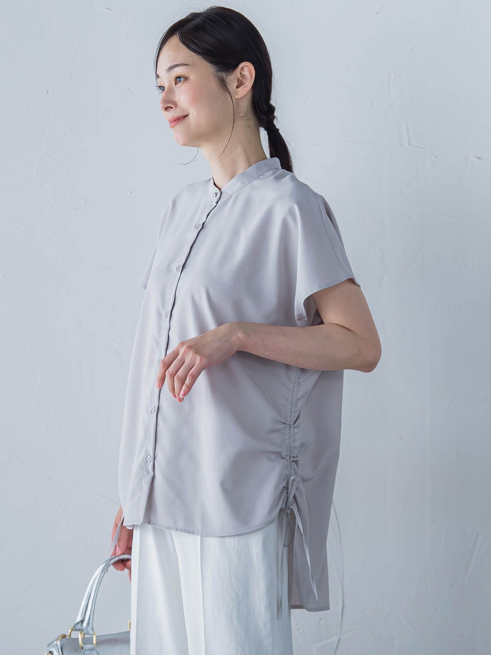 【WEB限定】フィルムストライプギャザーブラウス ≪手洗い可能≫