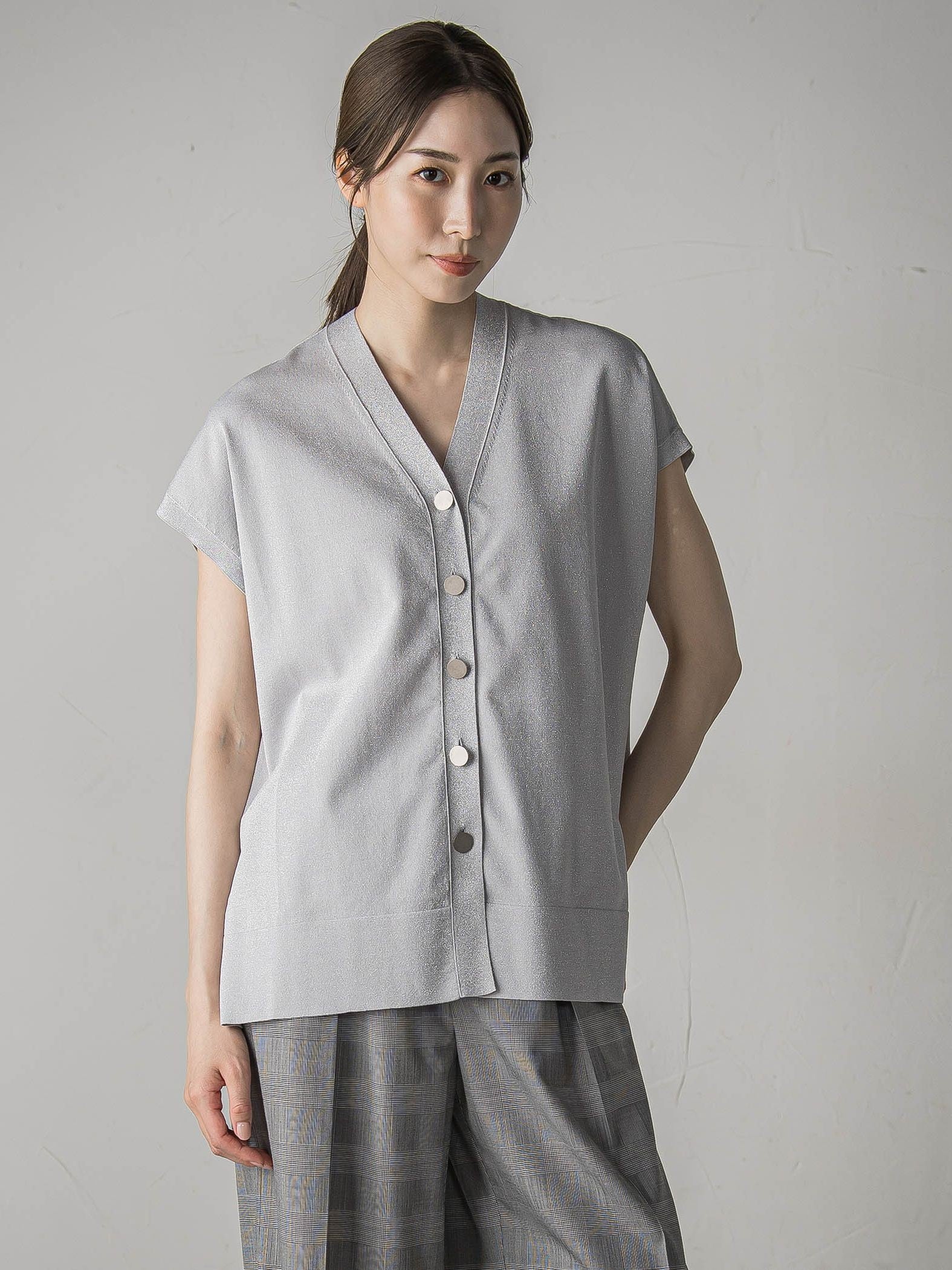 【大きいサイズ】”一枚でもレイヤードにも”ラメニットジレ≪手洗い可能≫