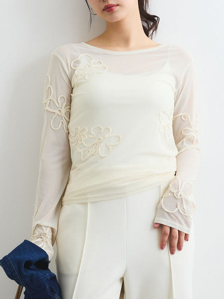 値段が激安 ENIM BY VICKY】シアーフラワーコード刺繍トップス≪手洗い可能 トップス