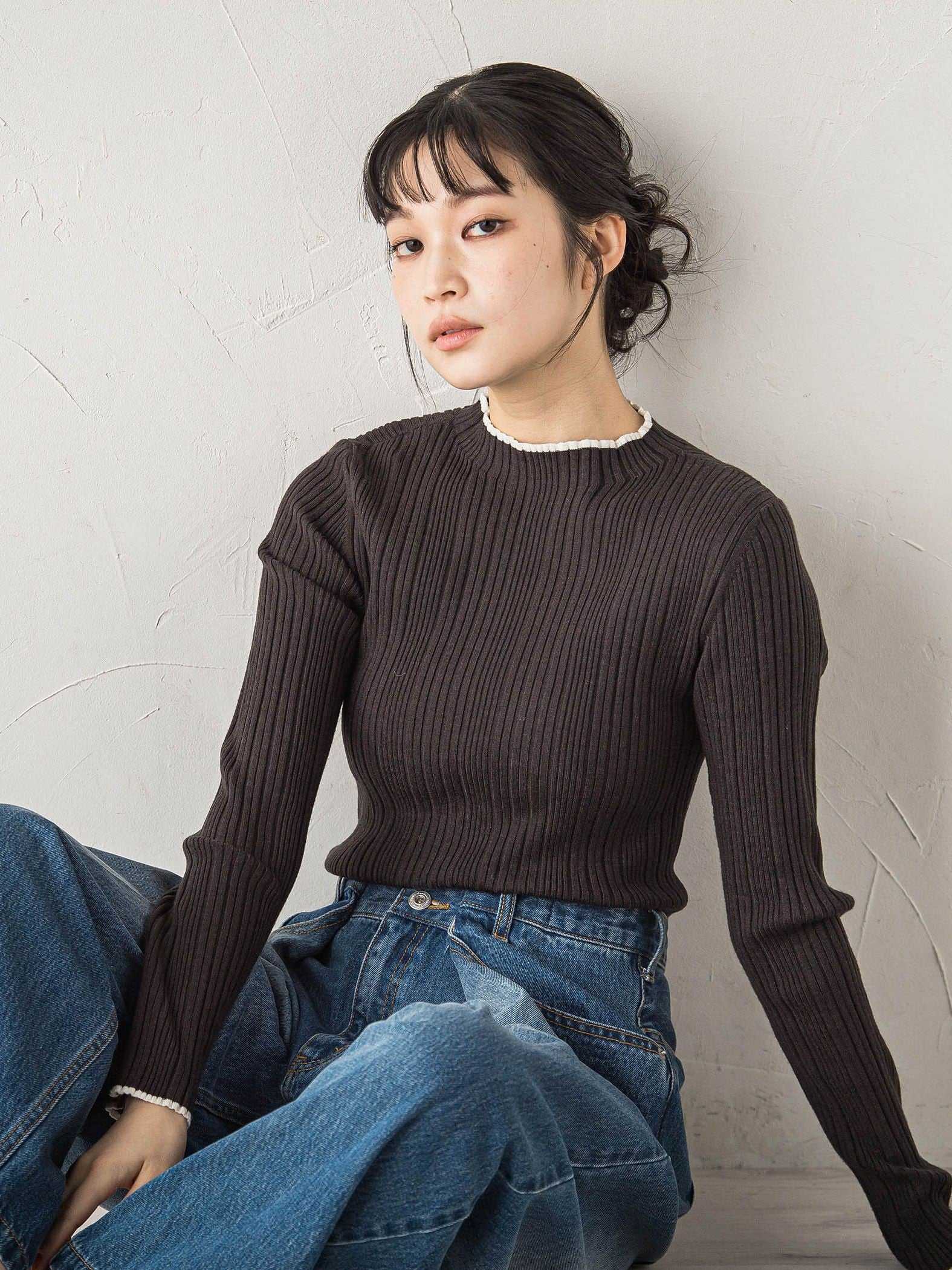 袖ボタンランダムリブニット≪手洗い可能≫